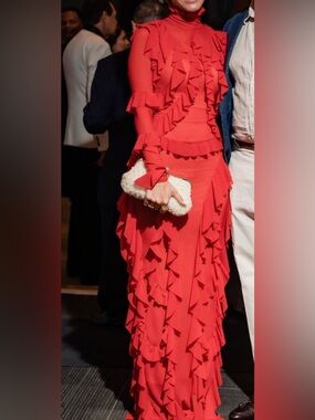 Red Ruffle Maxi Dress - Elegant Women’s Evening Gown. HAS STRETCH SIZE 0-4